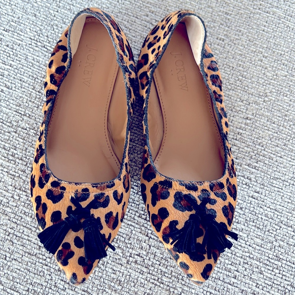 J. Crew Calf Hair Ballet Flats w Tassels Animal Print